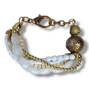 Cream, White And Gold Beaded Hook Closure Bracelet - OS